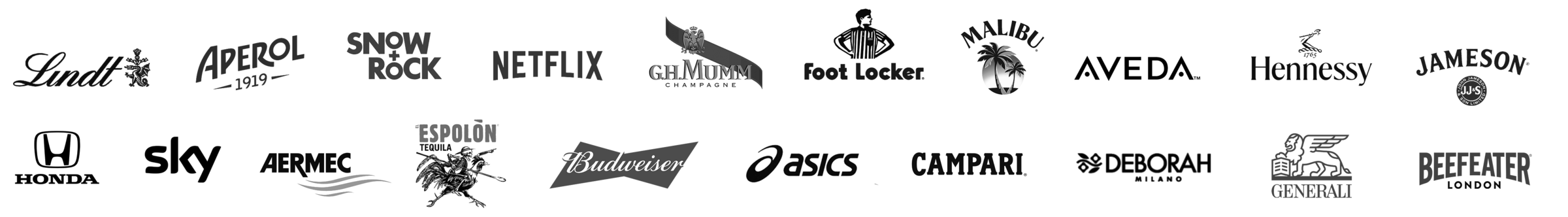 Selected client logos: Lindt, Aperol, Snow&Rock, Netflix, G.H. Mumm, Foot Locker, Malibu, Aveda, Hennessy, Jameson, Honda, Sky, Aermec, Espolón, Budweiser, Asics, Campari, Deborah Milano, Generali, Beefeater London